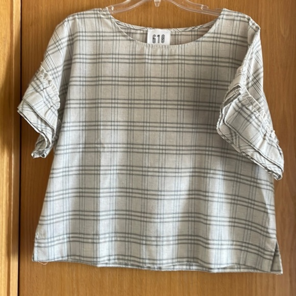 618 Women’s Linen Blend Plaid Top Blouse Boxy‎ Flutter Sleeve Neutral Size Large